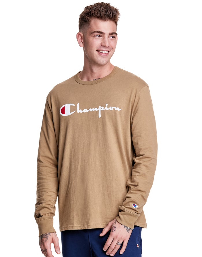 Champion T-Shirt Heren - Khaki - Long-Sleeve Lightweight Script Logo ( 935784-RWK )